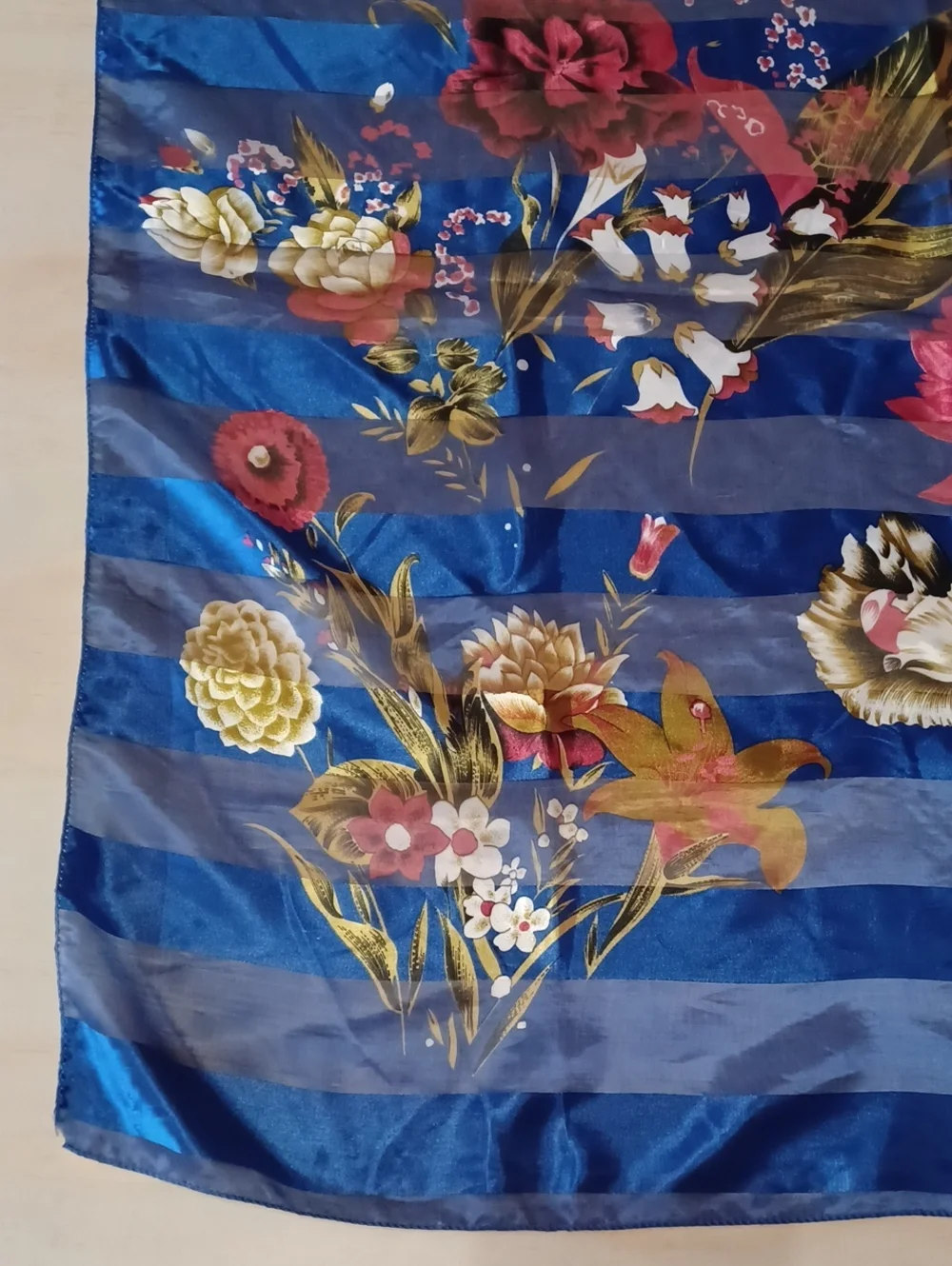 Vintage Floral Striped Square Scarf Blue Chiffon Satin 39×39 Grandma-Core